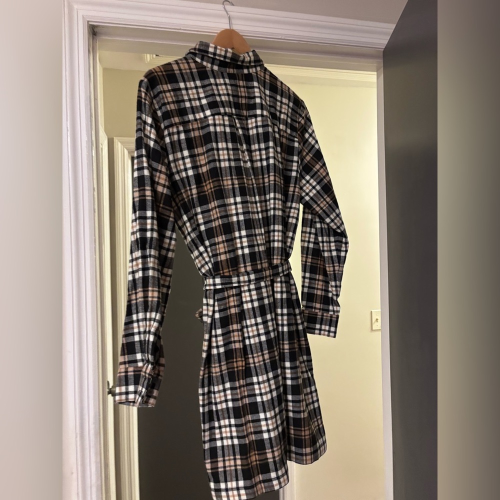 LOFT Black Tan Plaid Tie-Waist Shirt Dress | Size L | Soft Brushed Fabric - Picture 2 of 6